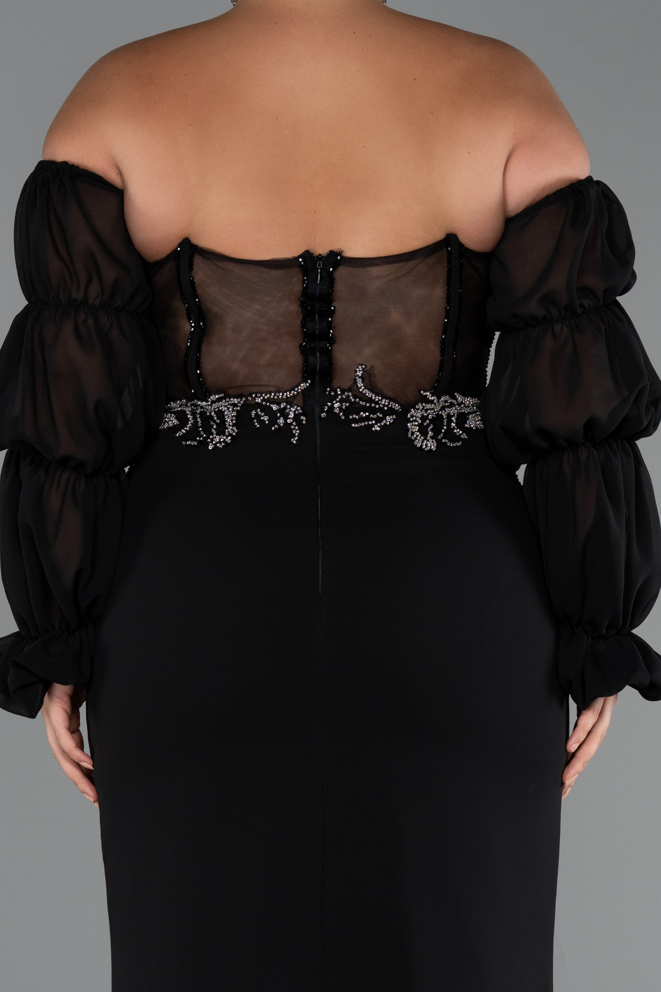 Siyah Taşlı Straplez Uzun Şifon Büyük Beden Abiye ABU5242 - Görsel 4