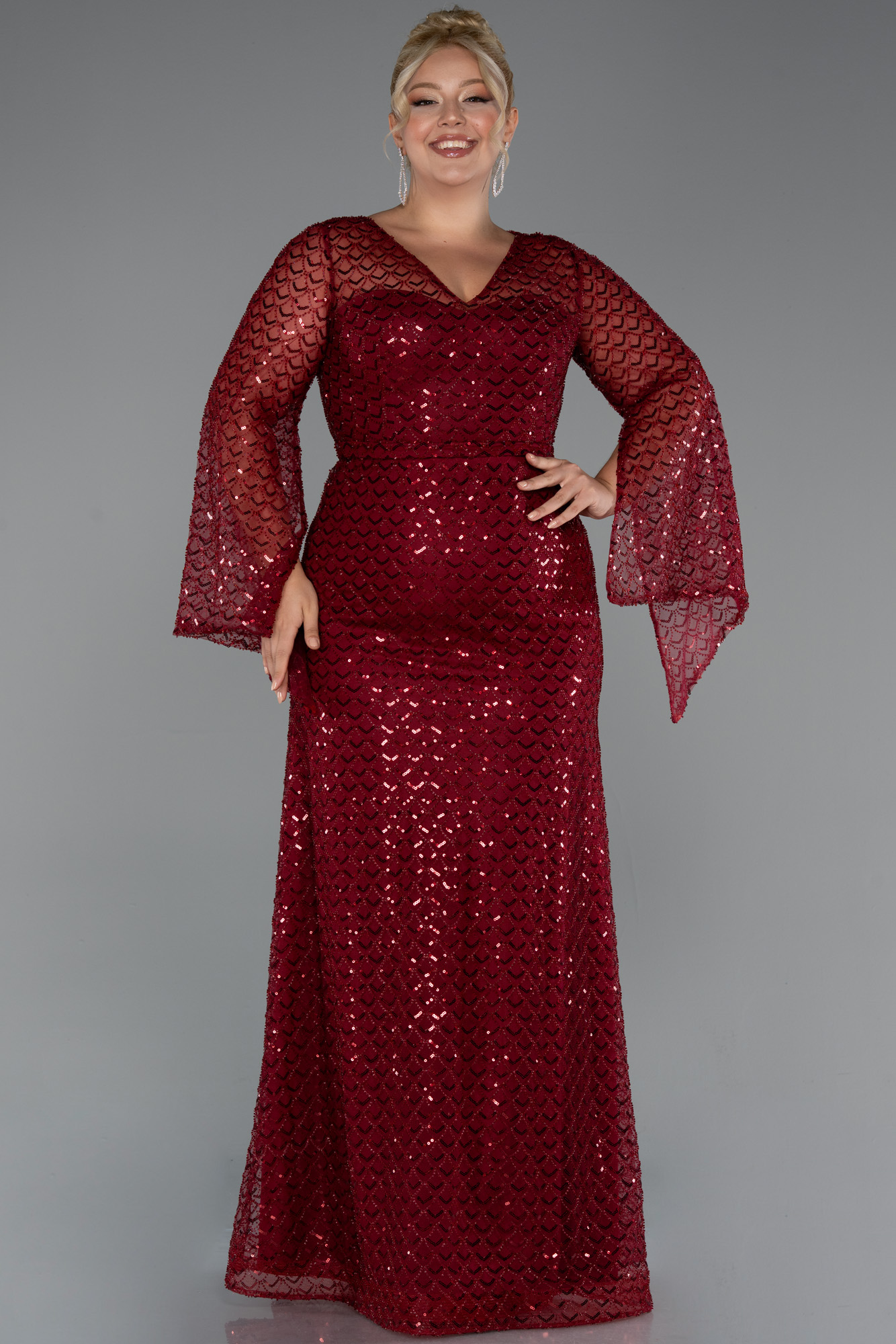 Bordo Uzun Kol V Yaka Boncuklu Büyük Beden Abiye ABU5243