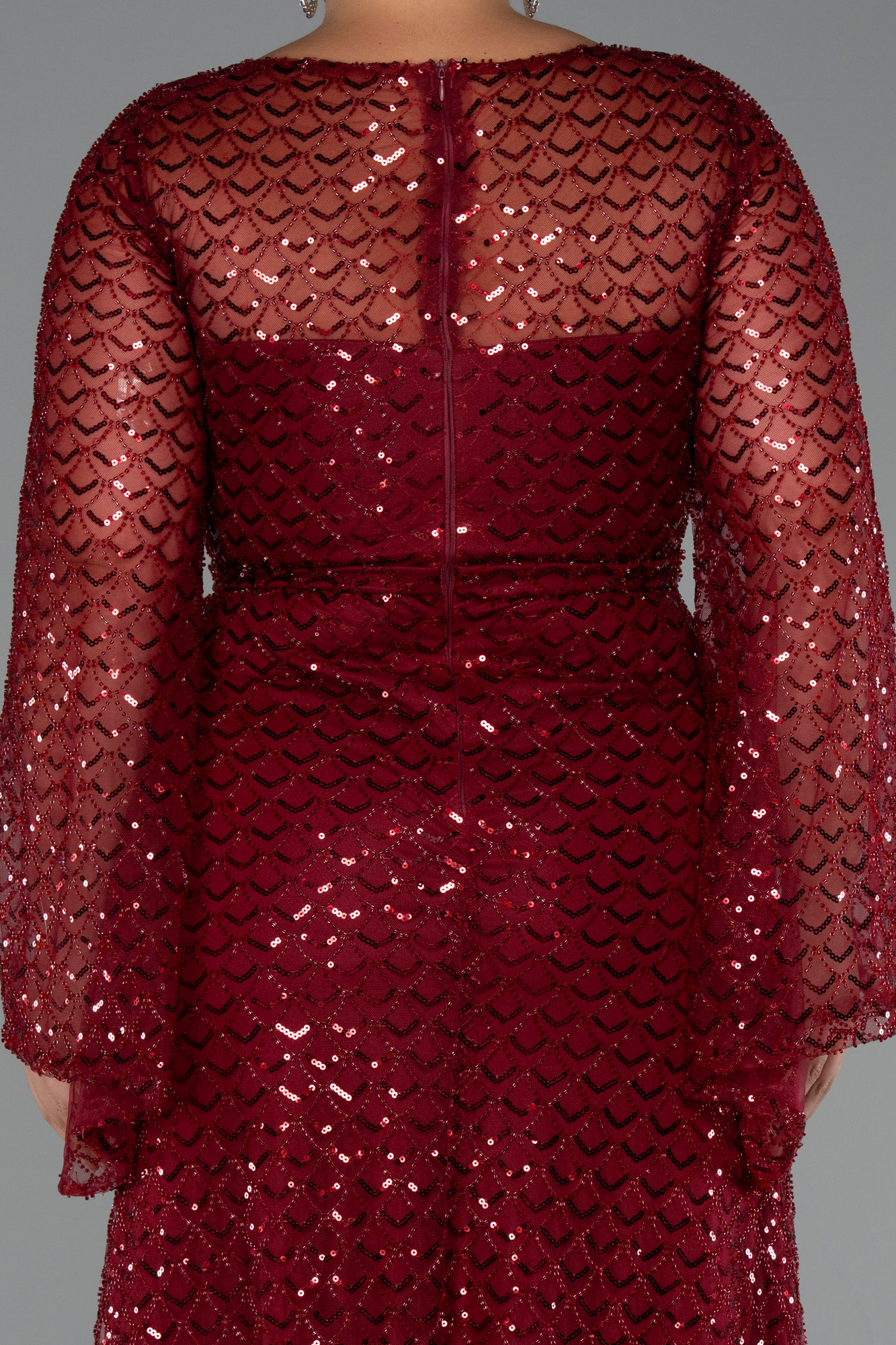 Bordo Uzun Kol V Yaka Boncuklu Büyük Beden Abiye ABU5243 - Görsel 4