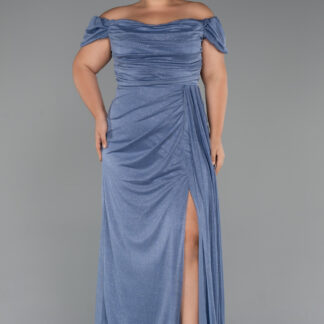 İndigo Kayık Yaka Yırtmaçlı Uzun Simli Büyük Beden Abiye ABU5252