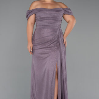 Lavanta Kayık Yaka Uzun Simli Büyük Beden Abiye ABU5252