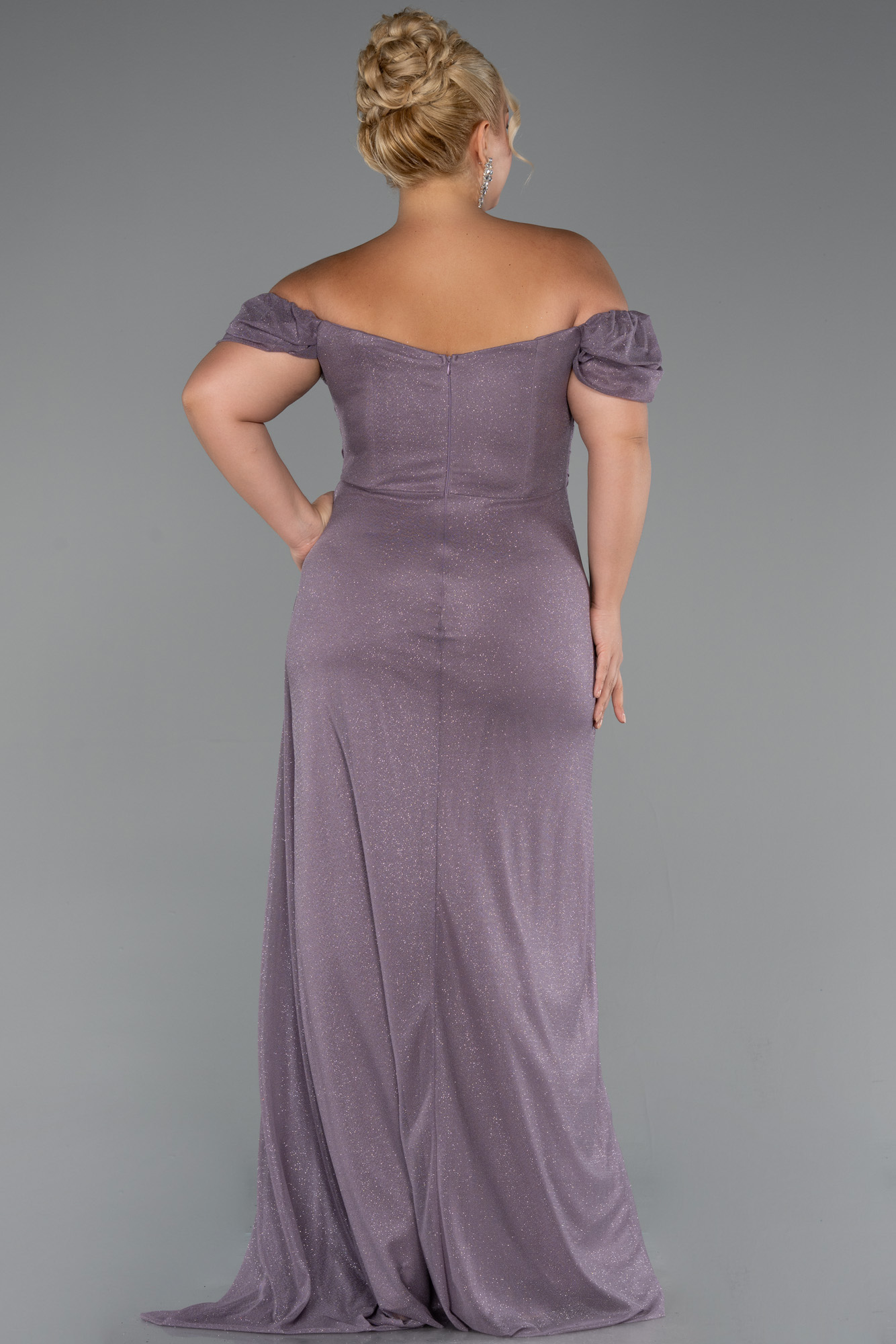 Lavanta Kayık Yaka Uzun Simli Büyük Beden Abiye ABU5252 - Görsel 2