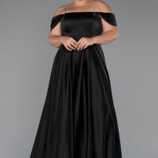 Siyah Askılı Omuz Dekolteli Uzun Saten Büyük Beden Abiye ABU5251