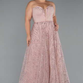 Pudra Straplez Simli Uzun Büyük Beden Nişan Elbisesi ABU5275