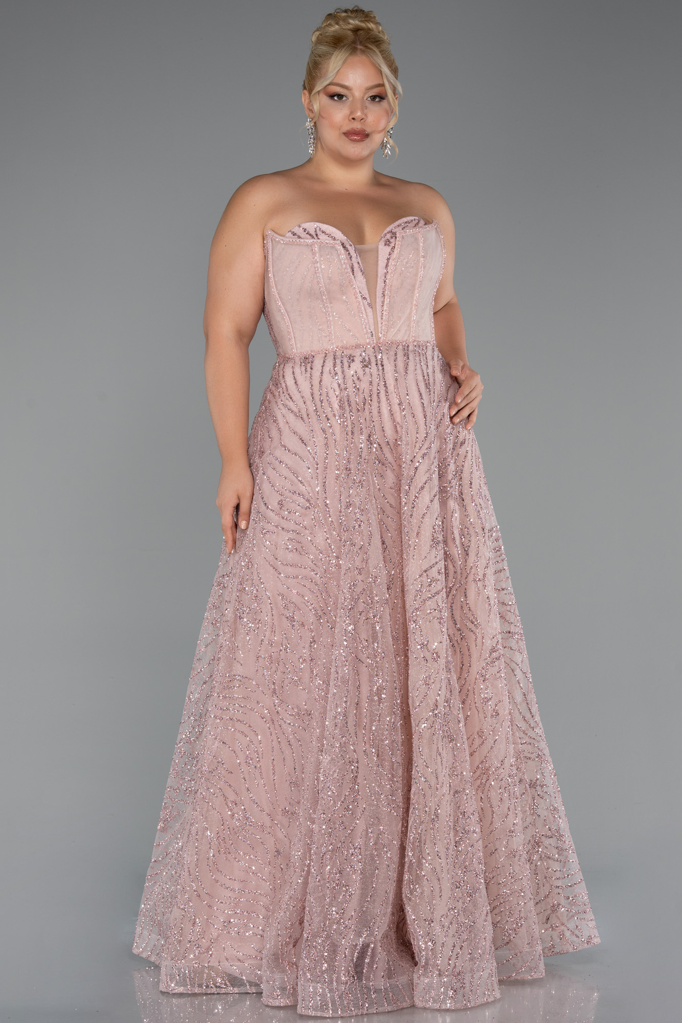 Pudra Straplez Simli Uzun Büyük Beden Nişan Elbisesi ABU5275