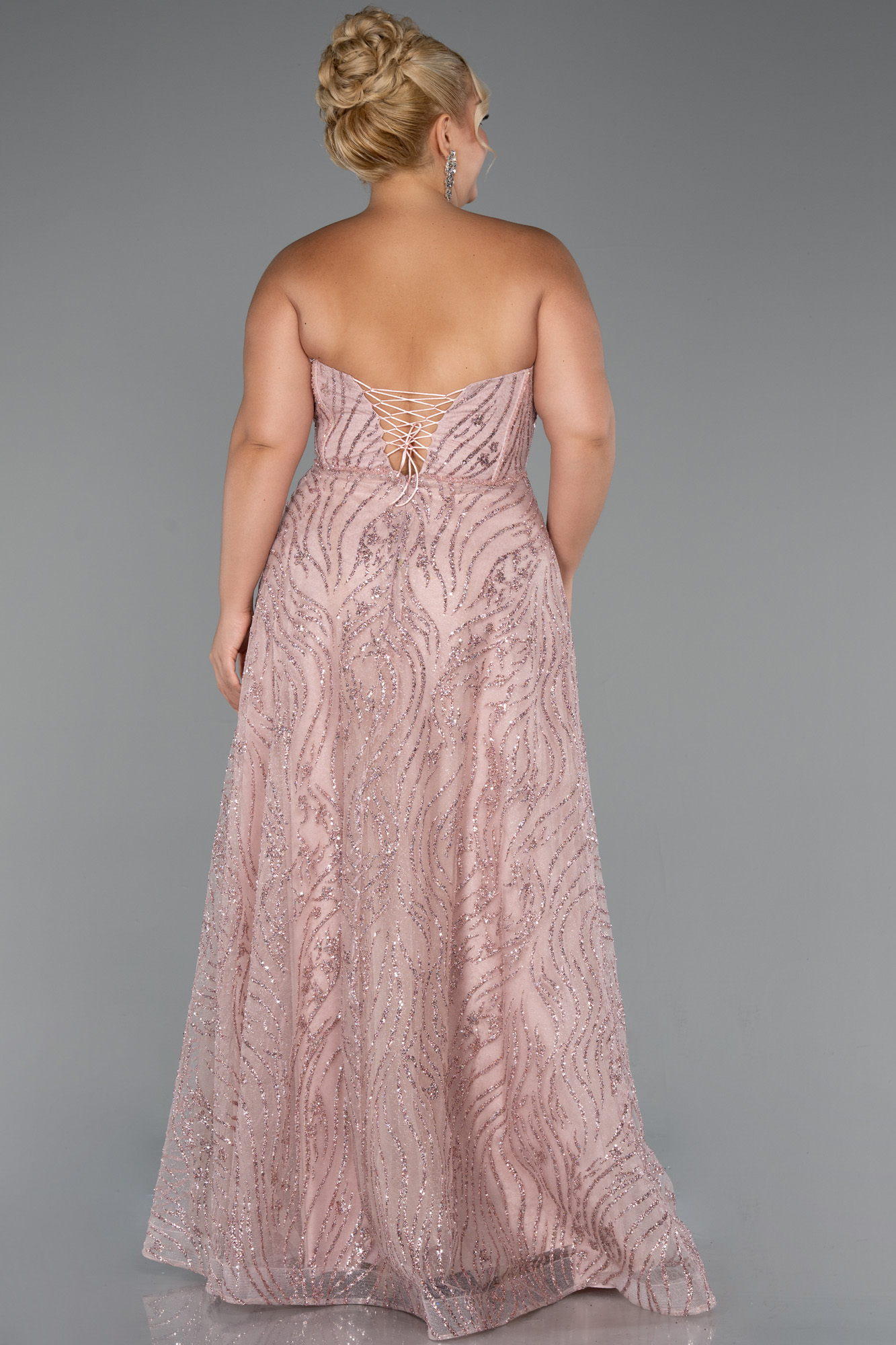 Pudra Straplez Simli Uzun Büyük Beden Nişan Elbisesi ABU5275 - Görsel 2