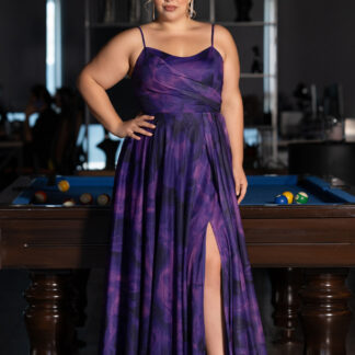 Mor Askılı Yırtmaçlı Uzun Desenli Büyük Beden Abiye ABU5268