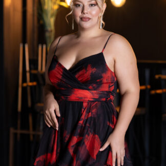 Kırmızı Bacak Dekolteli Uzun Desenli Büyük Beden Abiye ABU5267