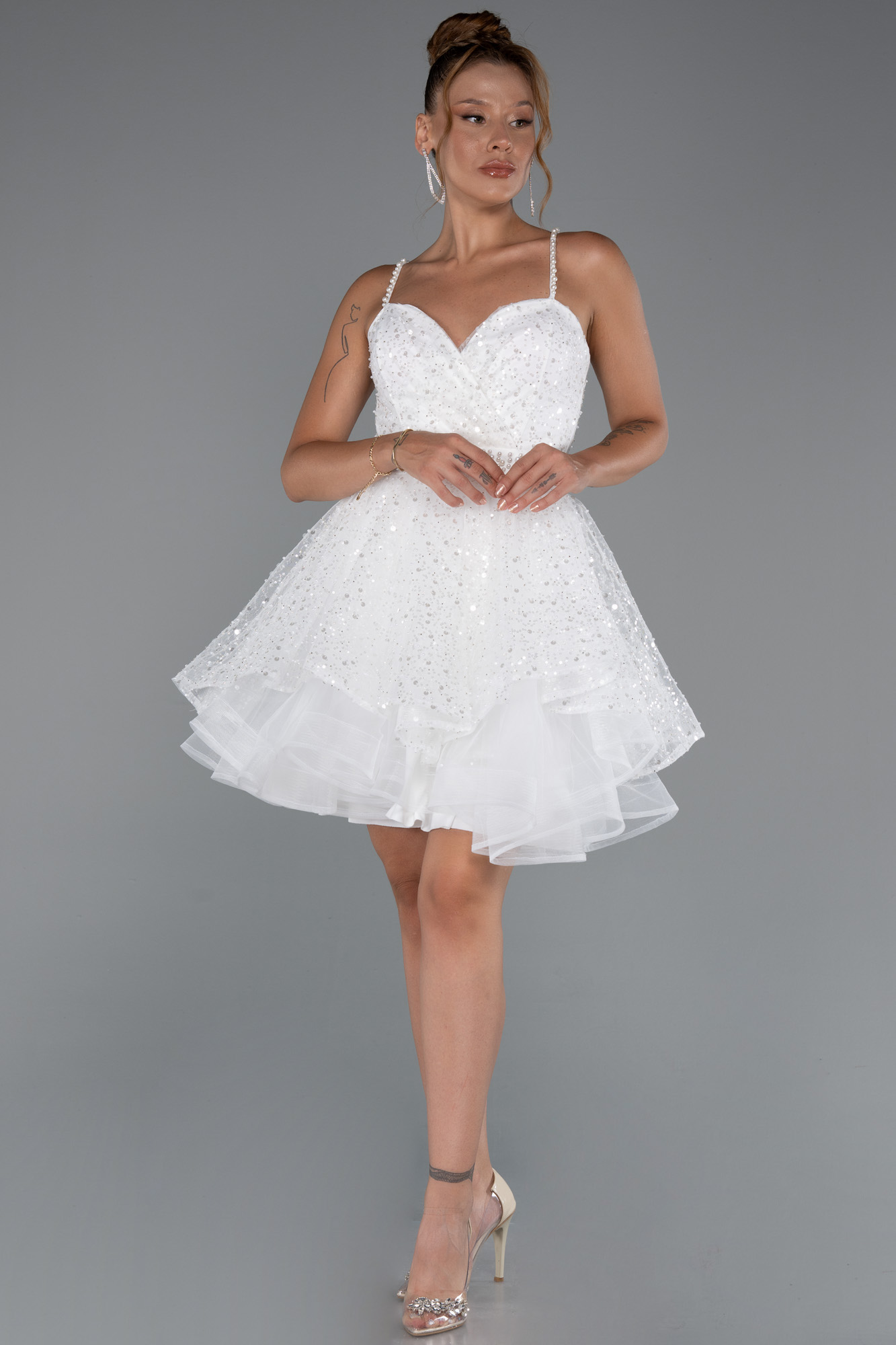 Ekru Askılı Kısa Pullu Abiye Elbisesi ABK2435 - Görsel 2