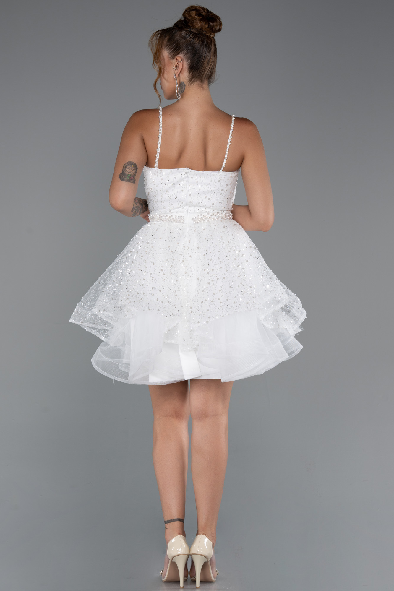 Ekru Askılı Kısa Pullu Abiye Elbisesi ABK2435 - Görsel 3