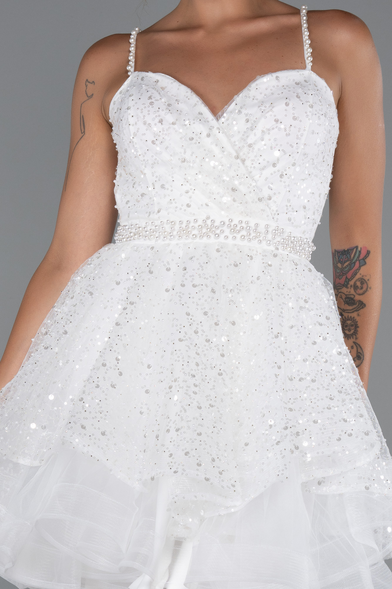 Ekru Askılı Kısa Pullu Abiye Elbisesi ABK2435 - Görsel 4