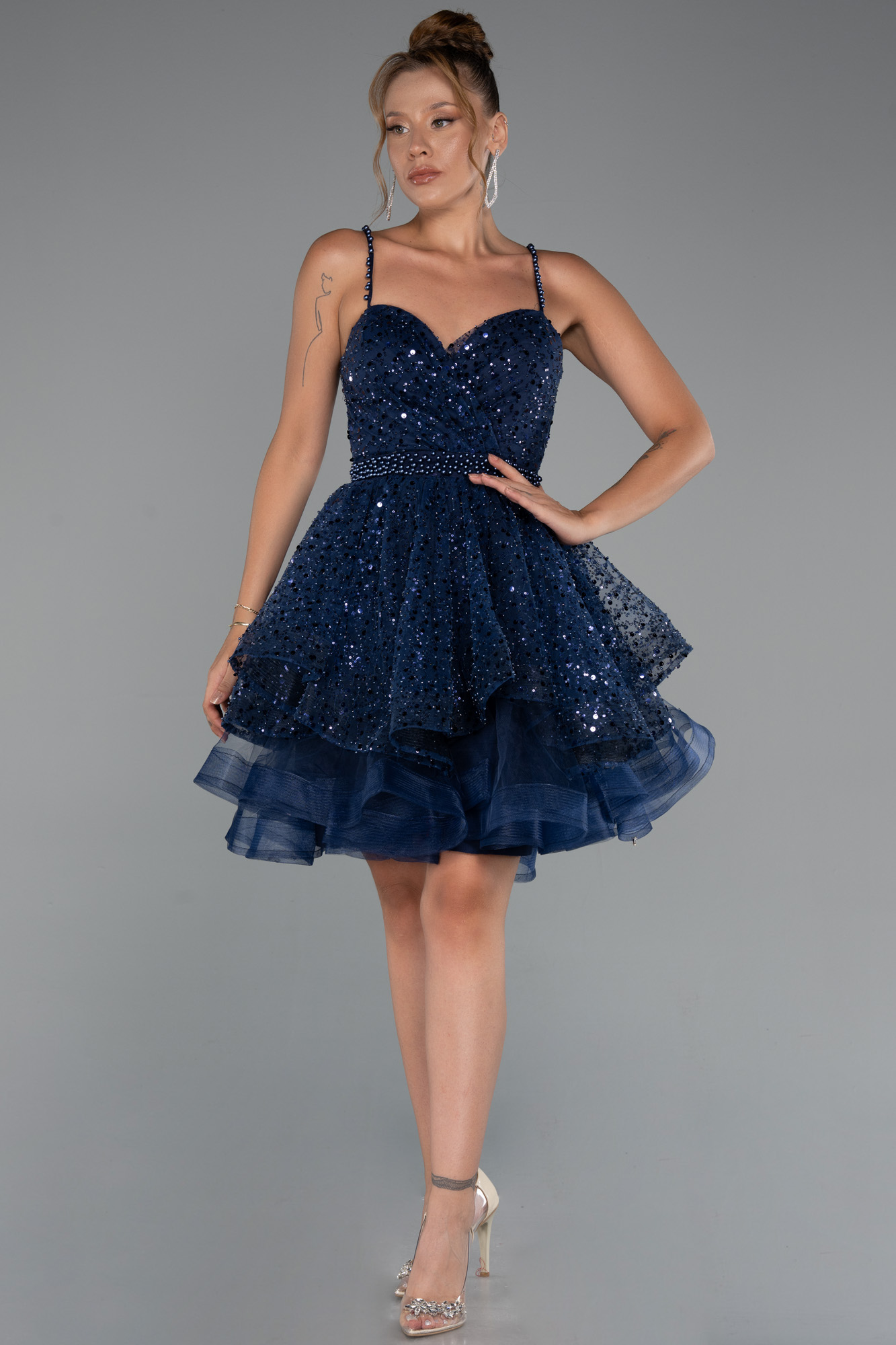 Lacivert Askılı Kısa Pullu Büyük Beden Nişan Elbisesi ABK2436