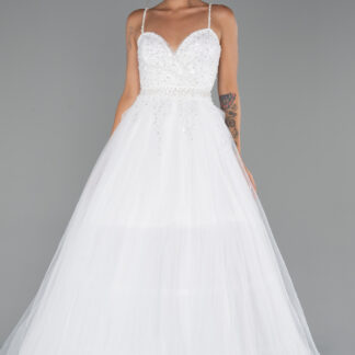 Ekru Askılı Üstü Pullu Uzun Prenses Elbise ABU5279