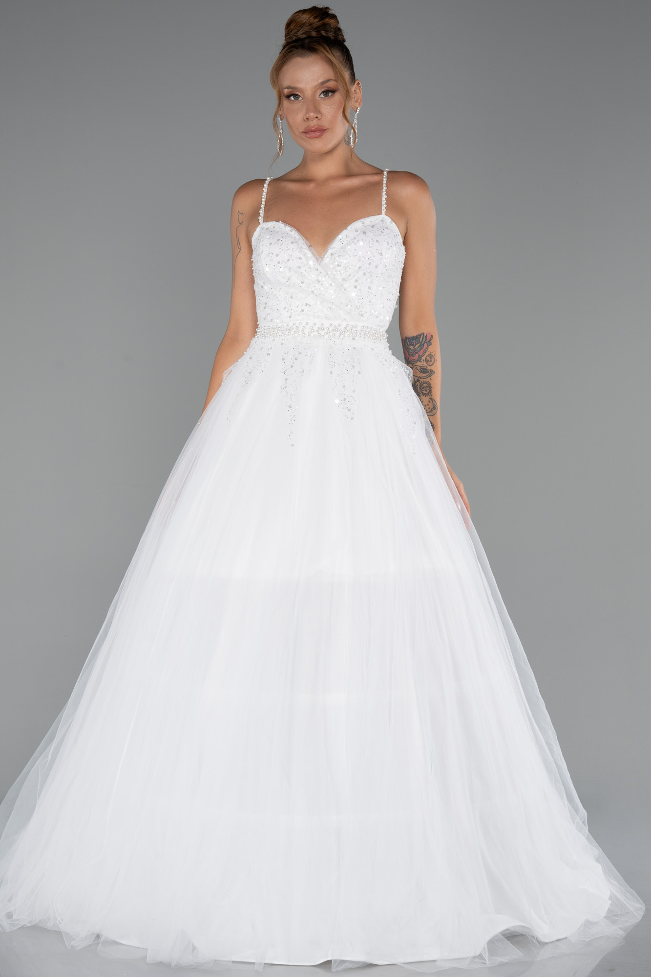 Ekru Askılı Üstü Pullu Uzun Prenses Elbise ABU5279