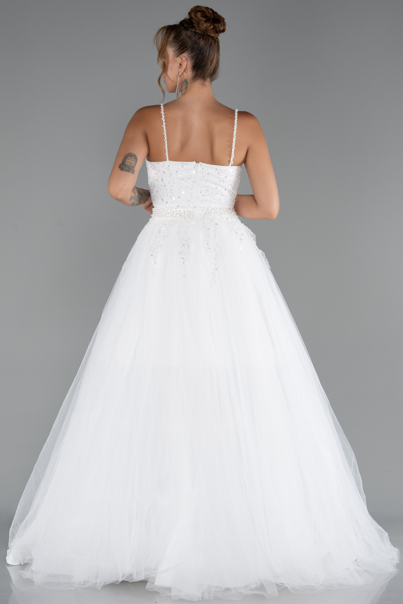 Ekru Askılı Üstü Pullu Uzun Prenses Elbise ABU5279 - Görsel 2