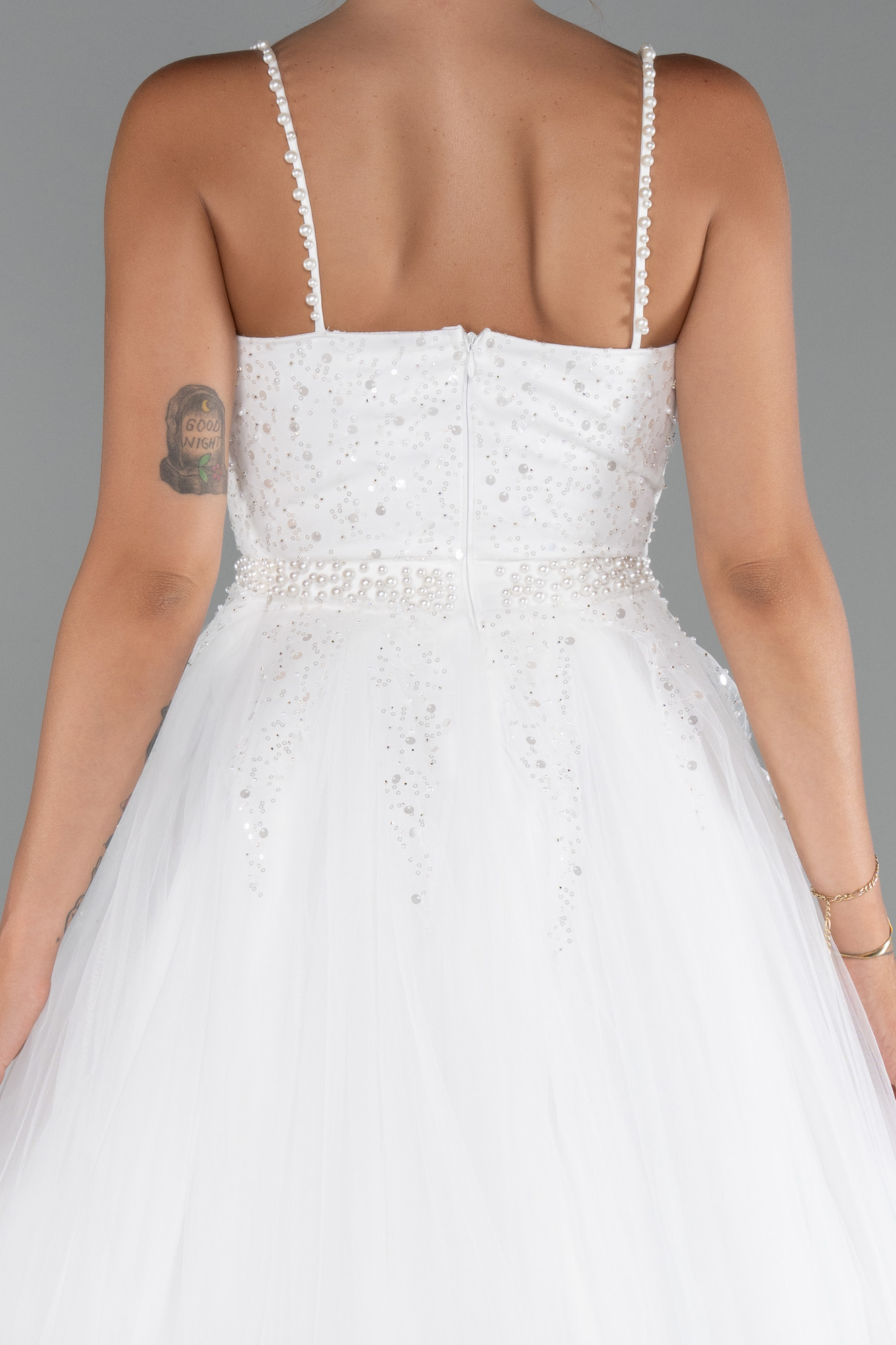 Ekru Askılı Üstü Pullu Uzun Prenses Elbise ABU5279 - Görsel 4