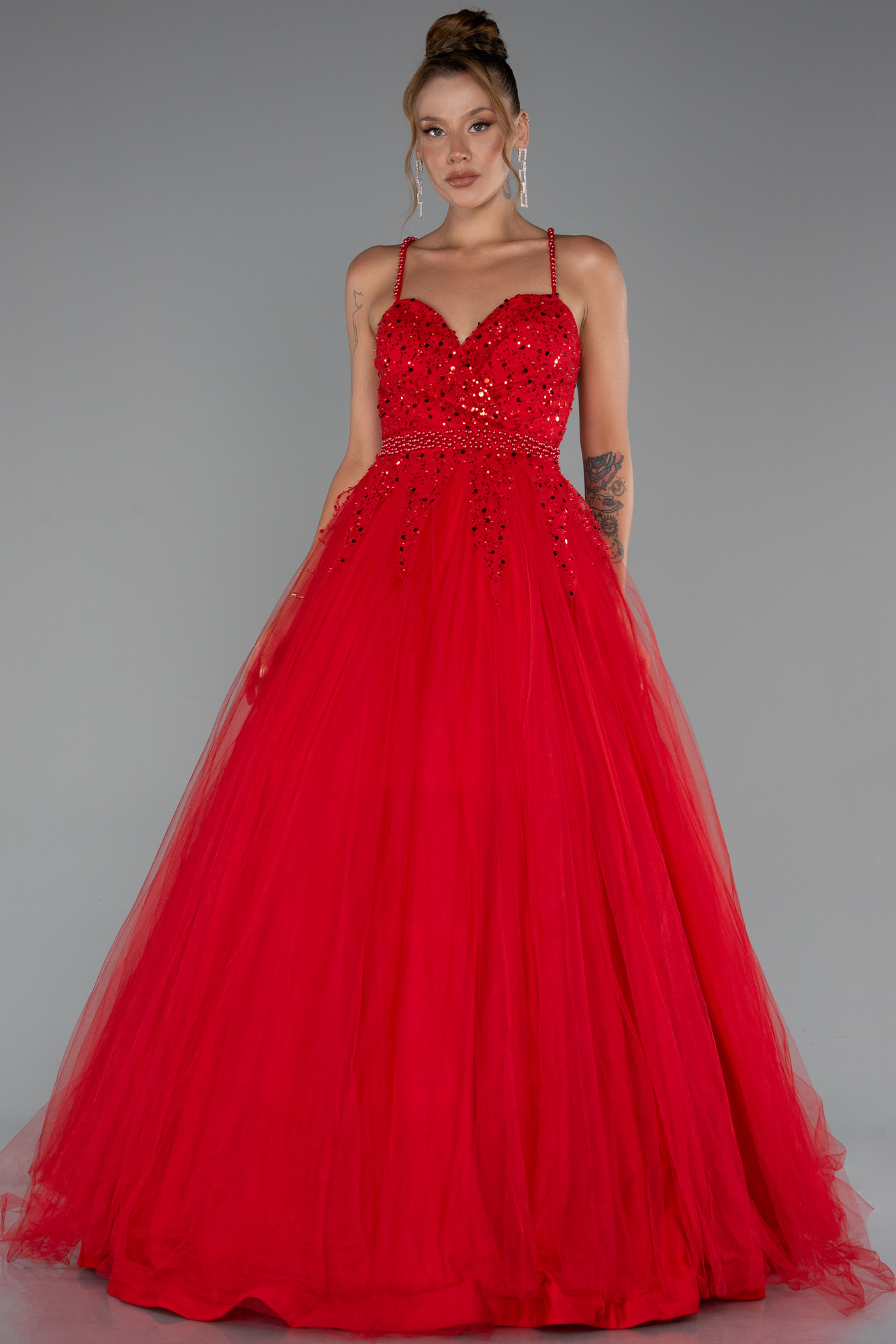 Ekru Askılı Üstü Pullu Uzun Prenses Elbise ABU5279 - Görsel 5