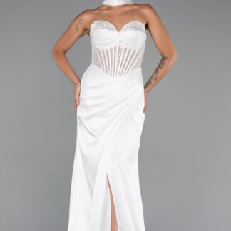 Ekru Straplez Balen Korse Yırtmaçlı Uzun Saten Abiye ABU5214