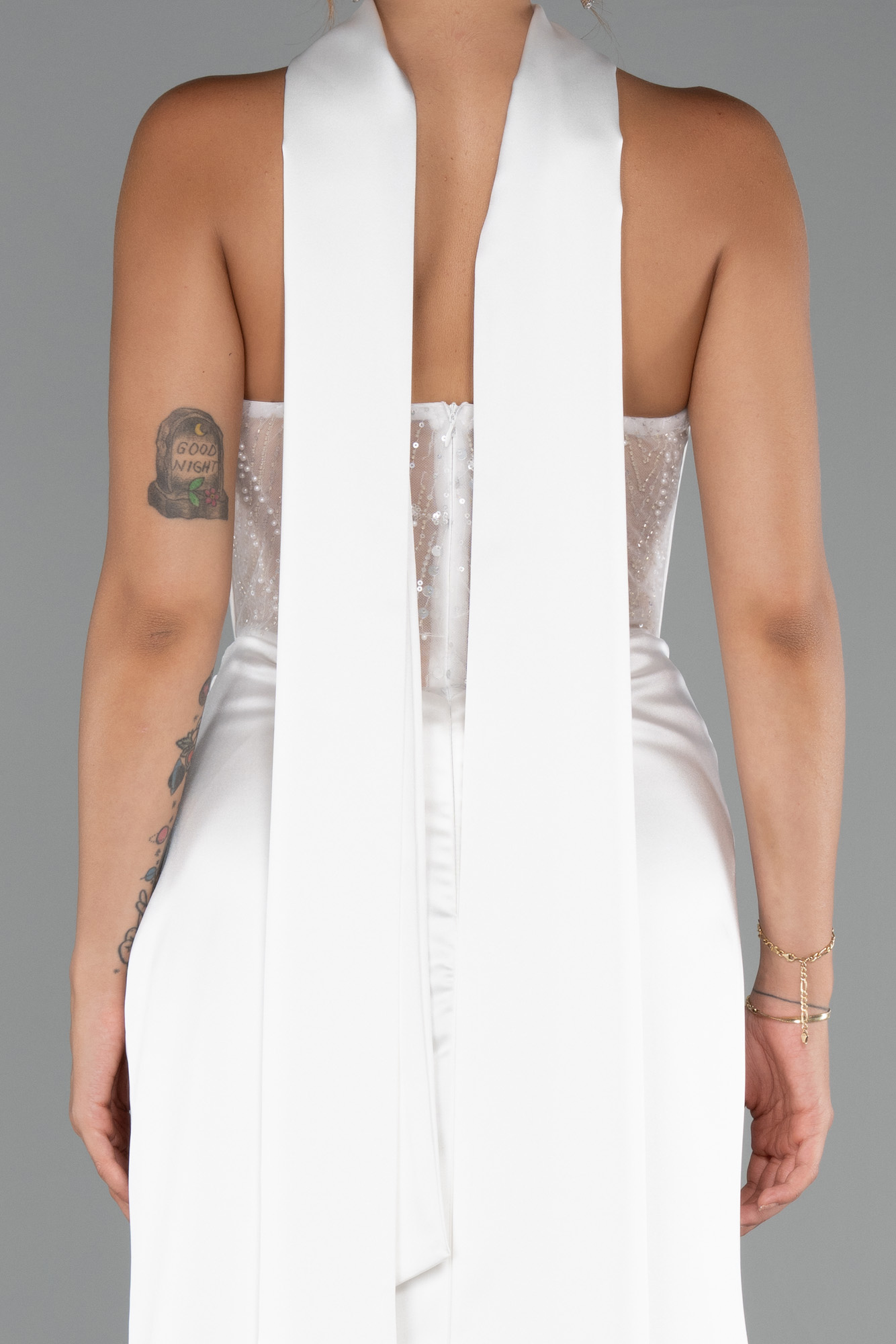 Ekru Straplez Balen Korse Yırtmaçlı Uzun Saten Abiye ABU5214 - Görsel 4