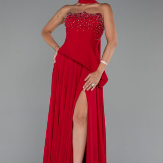 Kırmızı Taşlı Straplez Yırtmaçlı Şallı Uzun Şifon Abiye ABU5280