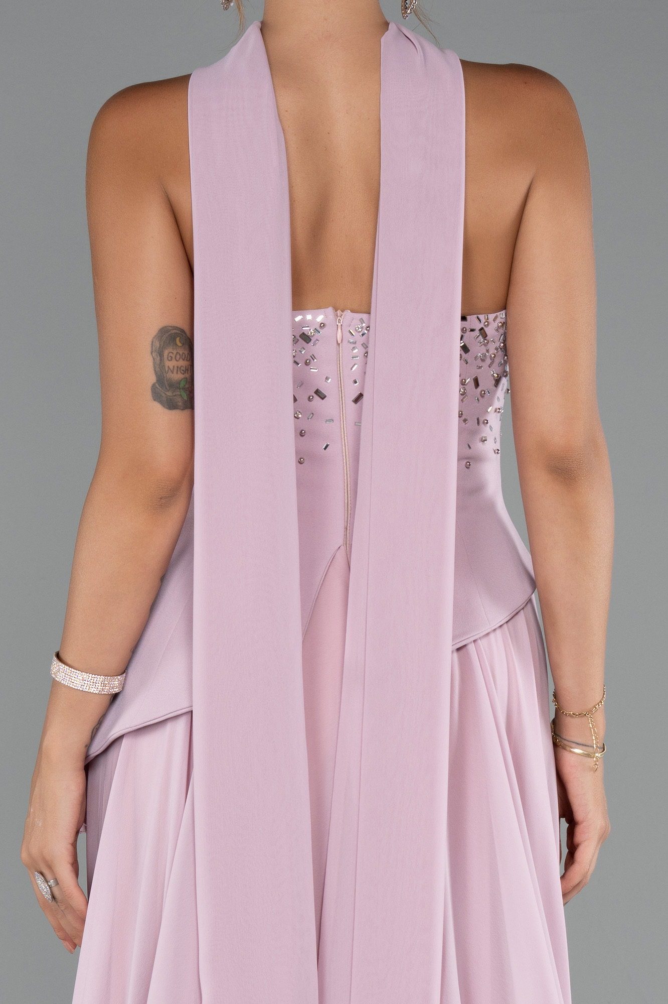 Pudra Taşlı Straplez Yırtmaçlı Şallı Uzun Şifon Abiye ABU5280 - Görsel 5