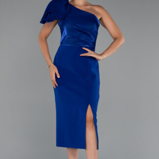 Saks Mavi Tek Omuz Midi Davet Elbisesi ABK2249