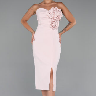 Pudra Güllü Straplez Yaka Midi Davet Elbisesi ABK2251