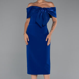 Saks Mavi Saten Kayık Yaka Midi Davet Elbisesi ABK2263