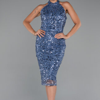 İndigo Halter Yaka Midi Taşlı Abiye Elbise ABK2437