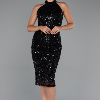 Siyah Halter Yaka Midi Taşlı Abiye Elbise ABK2437