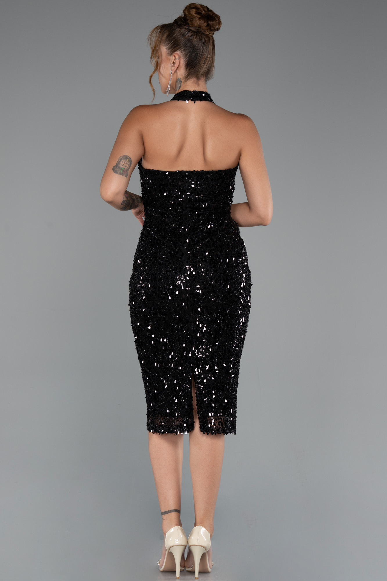 Siyah Halter Yaka Midi Taşlı Abiye Elbise ABK2437 - Görsel 2
