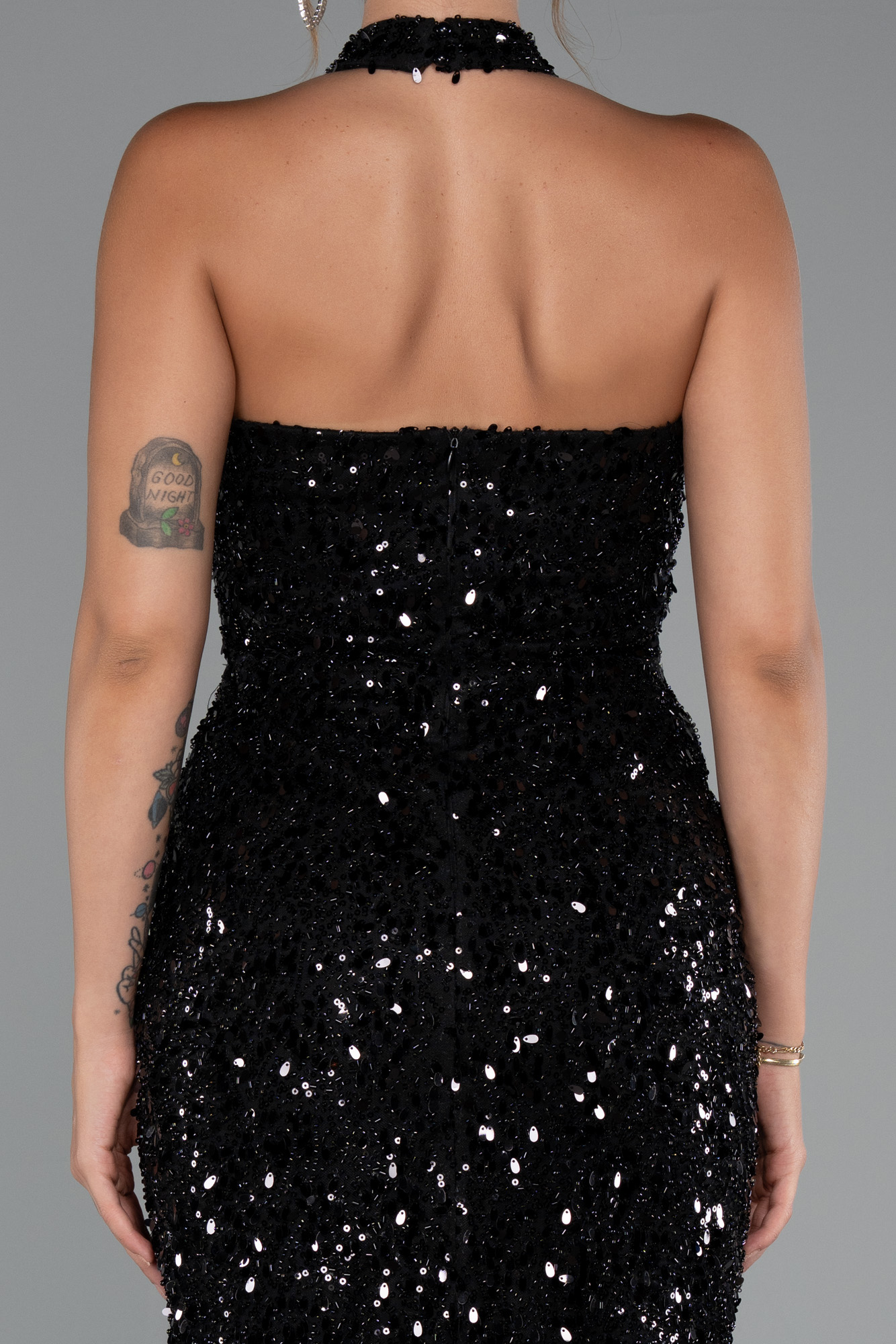 Siyah Halter Yaka Midi Taşlı Abiye Elbise ABK2437 - Görsel 4