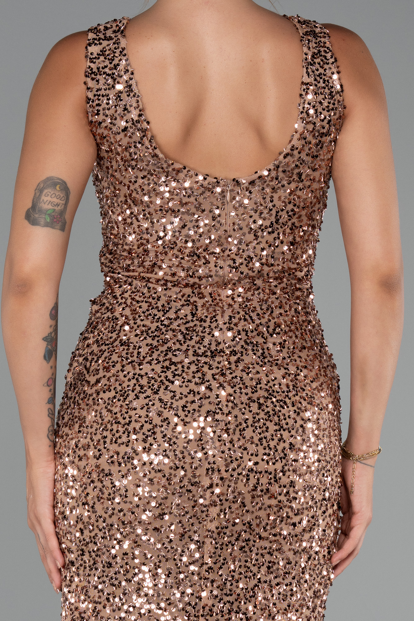 Bakır Kolsuz Yırtmaçlı Uzun Pullu Abiye Elbise ABU5281 - Görsel 4