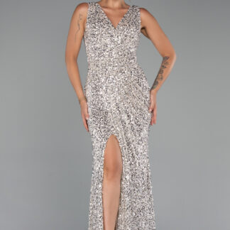 Bej Kolsuz Yırtmaçlı Uzun Pullu Abiye Elbise ABU5281