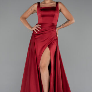 Bordo Yırtmaçlı Kare Yaka Kuyruklu Uzun Saten Abiye ABU4715