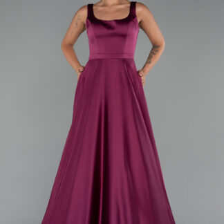 Mürdüm Kolsuz Uzun Saten Abiye Elbise ABU5136