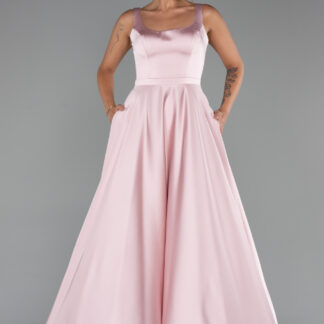 Pudra Kolsuz Uzun Saten Abiye Elbise ABU5136