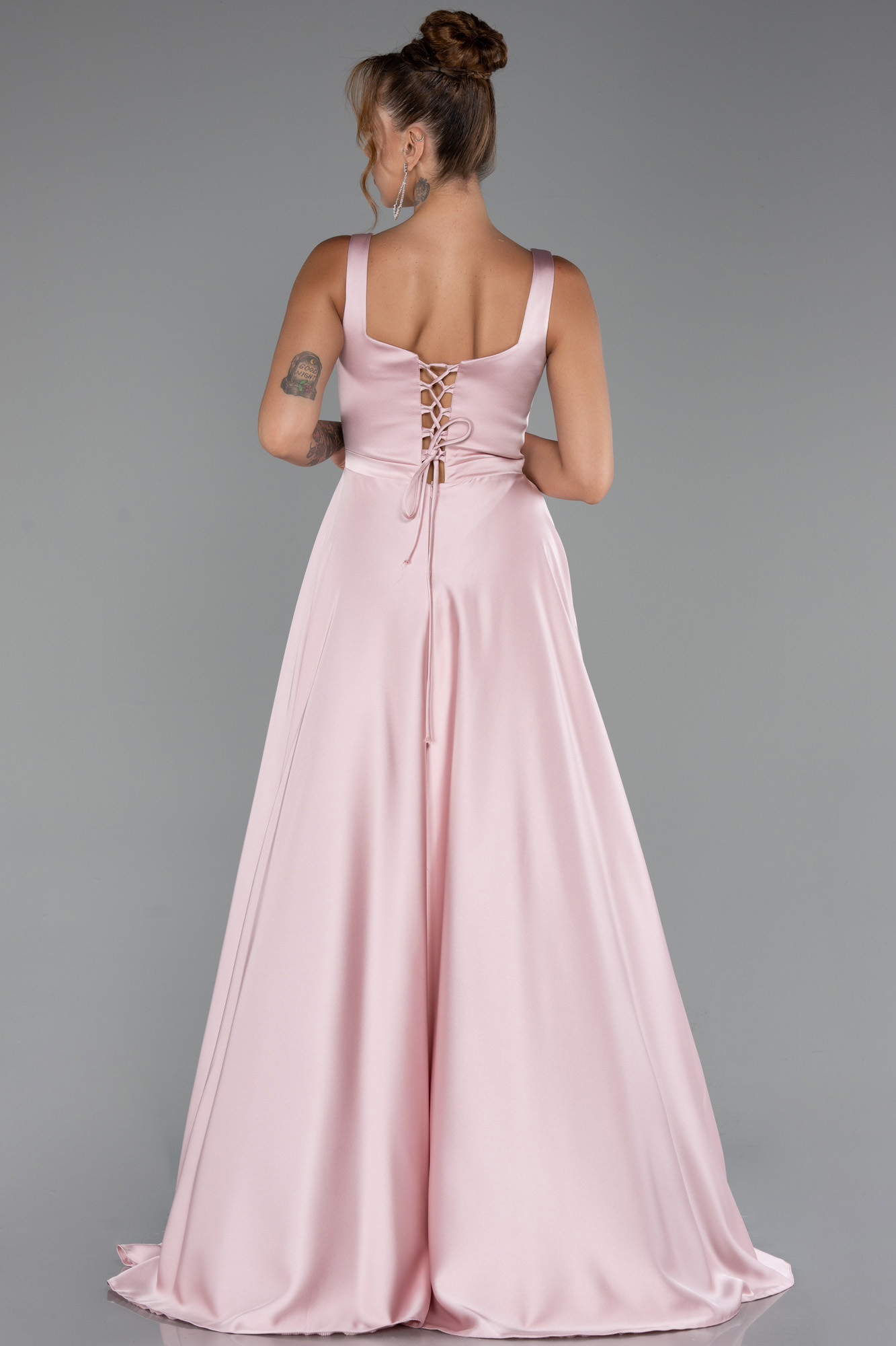 Pudra Kolsuz Uzun Saten Abiye Elbise ABU5136 - Görsel 2