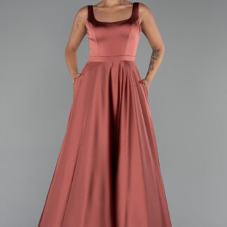 Tarçın Kolsuz Uzun Saten Abiye Elbise ABU5136