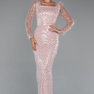 Pudra Uzun Kol Kare Yaka Boncuklu Abiye Elbisesi ABU5165