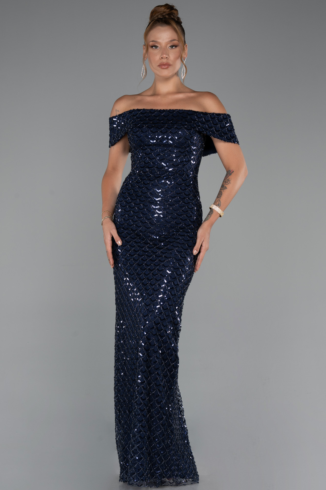 Siyah Kayık Yaka Boncuklu Uzun Abiye Elbise ABU5186 - Görsel 5