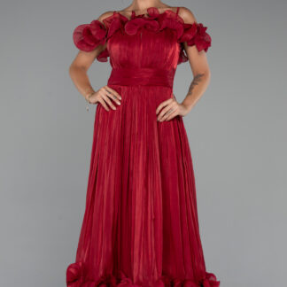 Bordo Fırfırlı Kayık Yaka Midi Şifon Davet Elbisesi ABK2425