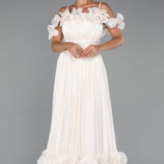 Krem Fırfırlı Kayık Yaka Midi Şifon Davet Elbisesi ABK2425