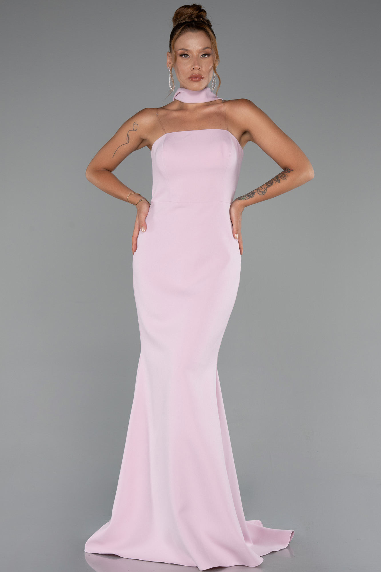 Pudra Straplez Şallı Uzun Balık Abiye Elbise ABU5282