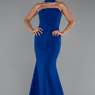 Saks Mavi Straplez Şallı Uzun Balık Abiye Elbise ABU5282