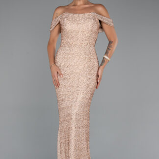 Gold Kayık Yaka Boncuklu Uzun Balık Abiye Elbise ABU5285