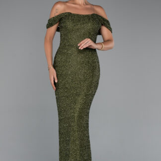 Haki Kayık Yaka Boncuklu Uzun Balık Abiye Elbise ABU5285