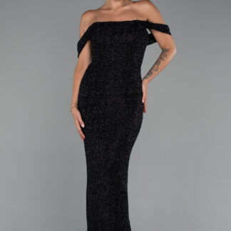 Siyah Kayık Yaka Boncuklu Uzun Balık Abiye Elbise ABU5285