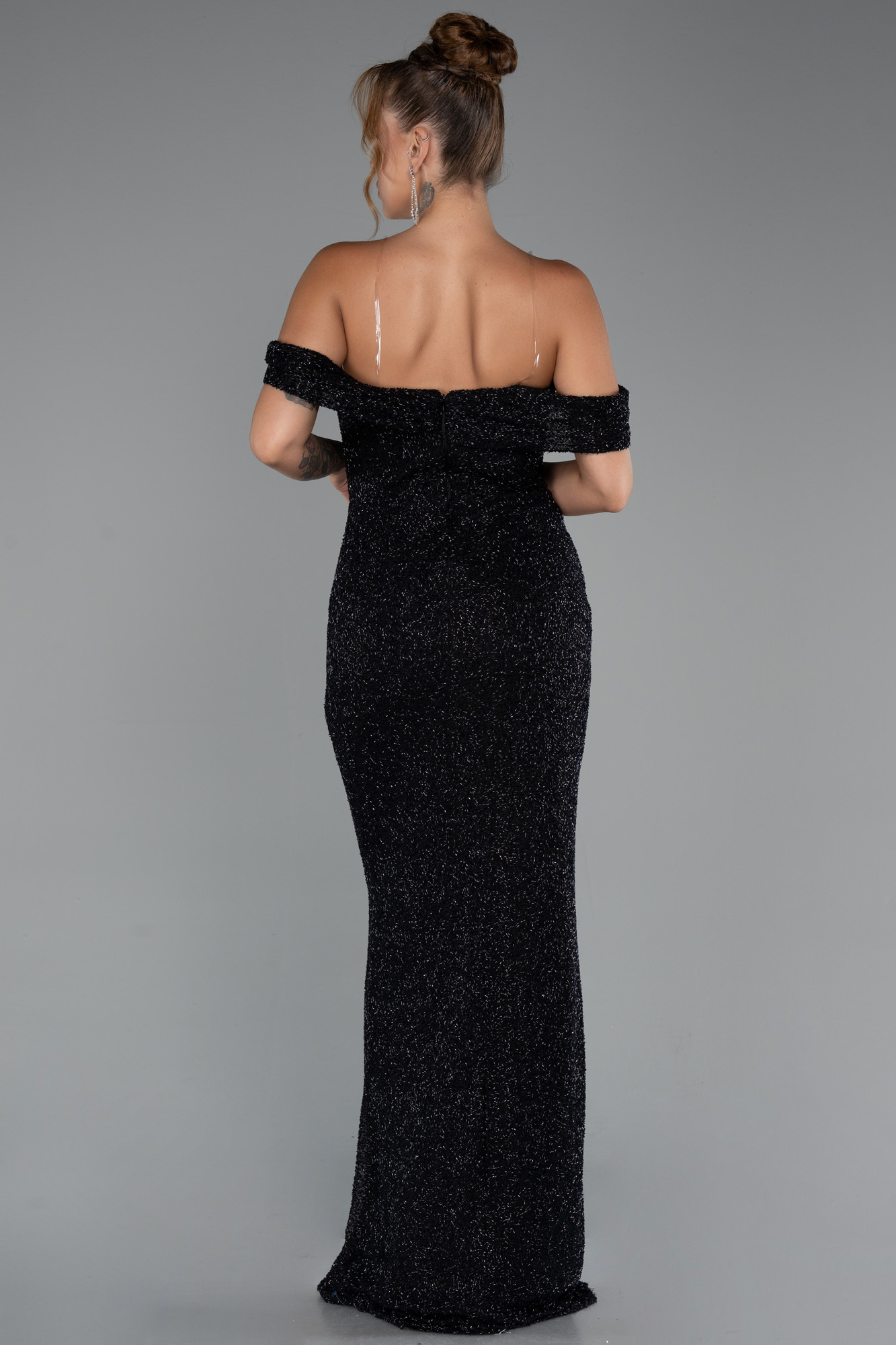 Siyah Kayık Yaka Boncuklu Uzun Balık Abiye Elbise ABU5285 - Görsel 2