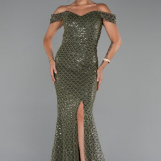 Haki Kayık Yaka Boncuklu Uzun Abiye Elbise ABU5286